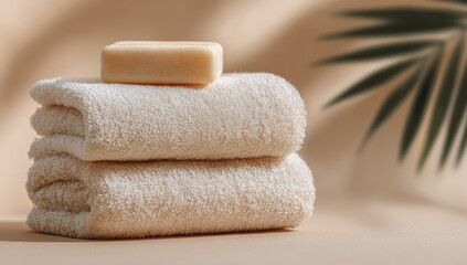 Stacked beige towels with a bar of soap, tropical leaf shadow