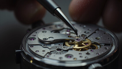 Close-up of watchmaker repairing luxury wristwatch mechanism, precision craftsmanship, detailed gears and metal parts under professional lighting
