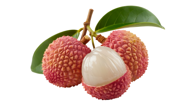 Transparent png of close up of three lychee fruits with leaves and one fruit peeled showing the white flesh inside on transparent background