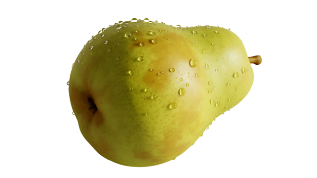 Transparent png of a single pear with water droplets on its skin against a plain backdrop in a studio setting on transparent background