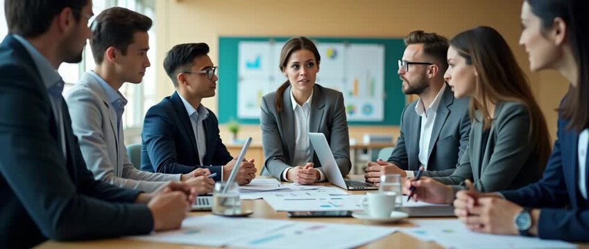 Professional business meeting in a modern conference room, with executives engaging in strategic discussion; camera slowly pans across the room, capturing dynamic interactions and ambient screen glow,