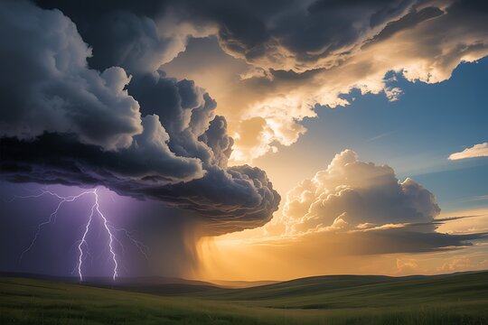 Dramatic thunderstorm with lightning striking over a green field at sunset dark clouds