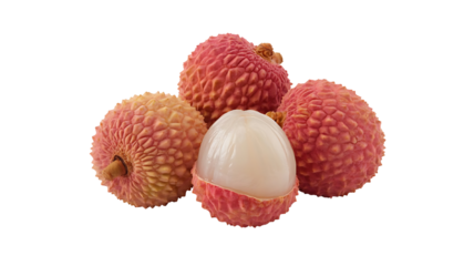 Transparent png of a close up view of several lychees with one peeled showing the fruit and textured skin around it on transparent background