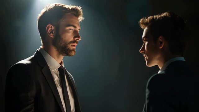 Two businessmen in dark suits stand facing each other under a spotlight in a dark room discussing important matters with focused