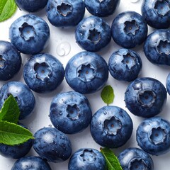 Vibrant blue organic blueberries freshly washed with dew drops and green leaves, an antioxidant-rich superfood for a healthy diet concept