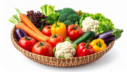 A vibrant assortment of freshly picked, colorful garden vegetables overflowing in a rustic wicker basket, showcasing a healthy and nutritious harvest ready for culinary creations