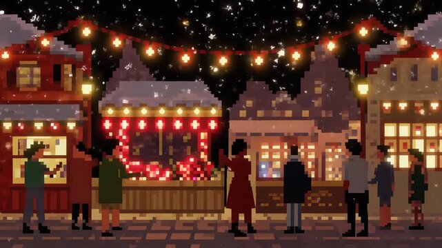 A pixel art illustration of a festive winter night market with people, snow, and glowing string lights illuminating the charming street.