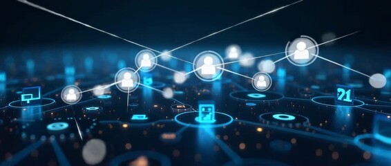 Futuristic digital network interface with icons gently pulsing; a slow camera pan reveals the intricate design in a cinematic style, highlighting technology, cybersecurity, and innovation themes.