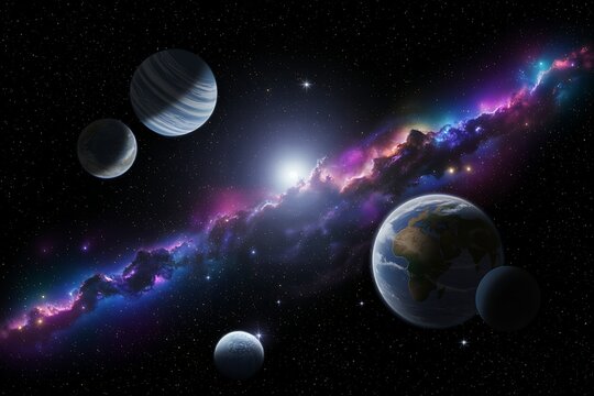 Earth and alien planets orbiting a colorful nebula in the vastness of space galaxy cosmos