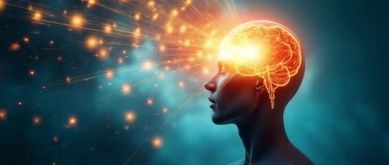 Cinematic profile of a human silhouette with a glowing brain as sparks radiate outward, lights flicker softly in the background, and the camera slowly pans across a dreamy, abstract scene. - Powered by Adobe