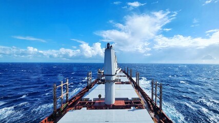 Cargo ship sailing through the deep blue ocean under a bright and clear sky. A perfect image representing maritime transport, freedom, and global trade.