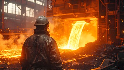 Worker observing molten metal in industrial foundry with glowing furnace and spark