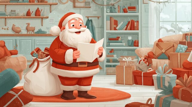 Business growth and success concept with Santa Claus reading a business letter in his festive workshop