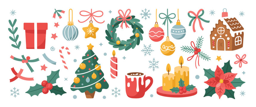 Christmas hand-drawn doodle set with cute retro elements including tree, presents, baubles, candy canes, holly, cocoa, snowflakes, bows, stars, and confetti, ideal for festive cards, holiday decoratio