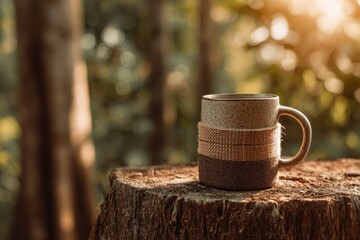 Rustic ceramic mug on tree stump, bathed in sunlight