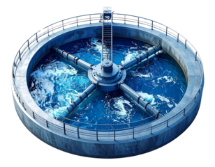 3D render of circular water treatment clarifier with central drive and radial scraper arms isolated on transparent background PNG