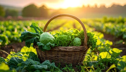 Fresh Harvest - A Basket of Greens in the Field at Sunset.