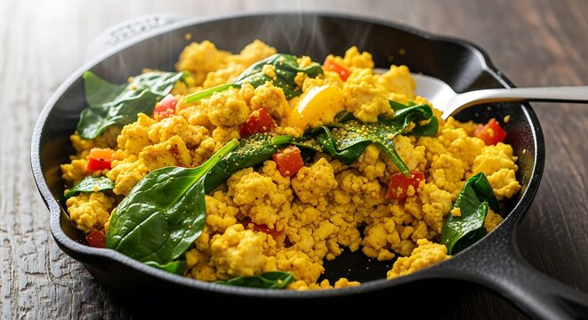 Delicious vegan tofu scramble with fresh spinach and bell peppers in a hot cast iron skillet