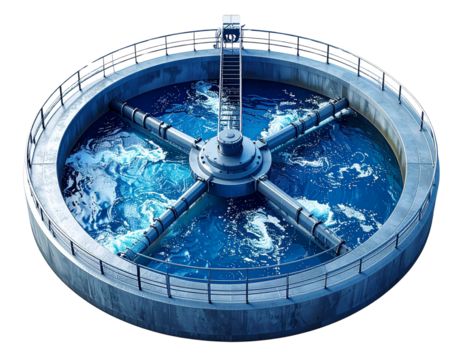 3D render of circular water treatment clarifier with central drive and radial scraper arms isolated on transparent background PNG