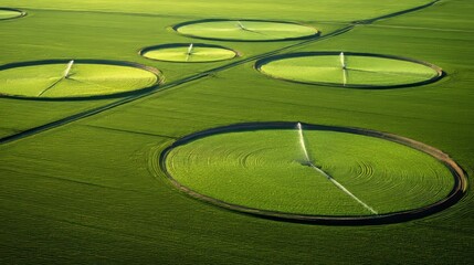 Aerial view of circular fields with irrigation systems, patterns in vast green farmland, sunlight