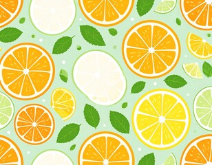 Obraz premium Vibrant illustration of citrus fruits, including oranges, lemons, and limes, with green leaves on a light green background.