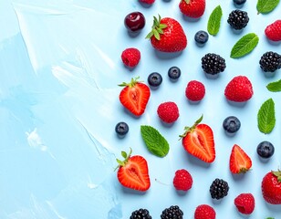 Close-up shot of various fresh berries and mint leaves arranged on a blue surface.