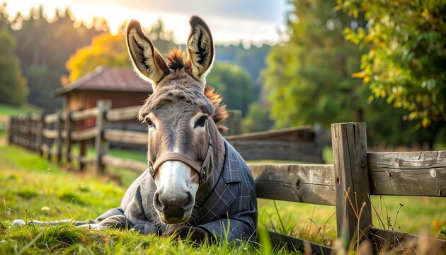 Donkey in a sweater resting on a fence in a field.