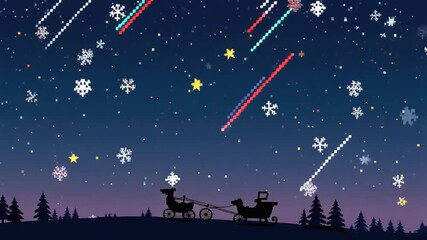 A festive winter night scene with a starry sky, falling snowflakes, shooting stars, and a reindeer pulling a sleigh over a snowy landscape with pine trees. - Powered by Adobe