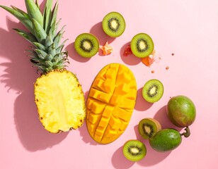 Vibrant tropical fruits including pineapple, mango, and kiwi arranged on a bright pink background with shadows.