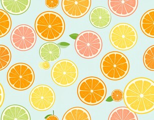 A vibrant and refreshing pattern of assorted citrus fruit slices, including oranges, grapefruits, and limes, set against a light blue background.
