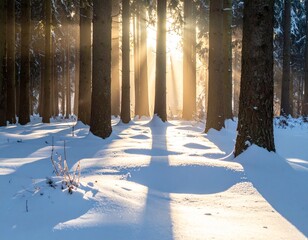Sunlight through trees in a snowy forest, casting long shadows on the snow.