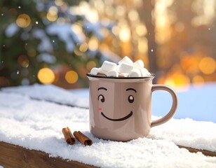 A mug of hot chocolate topped with marshmallows sits in the snow with cinnamon sticks nearby.