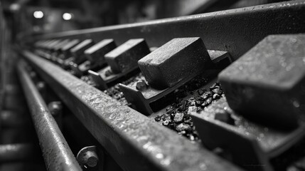 A grayscale close-up shows coal pieces moving along a conveyor belt, industrial setting with harsh lines & texture