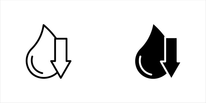 Low water level icon. Reduce water usage logo. Droplet with arrow down symbol. Supply shortage illustration isolated.