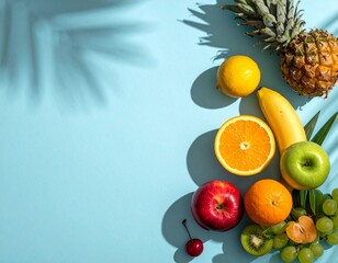 Colorful assortment of fresh fruits on a light blue background with palm leaf shadows.