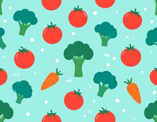 Seamless repeating pattern of cute cartoon vegetables including tomatoes, broccoli, and carrots on a teal background.