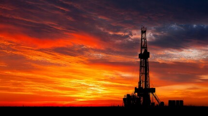 Obraz premium A silhouette of an industrial rig against a vibrant, fiery sunset. Orange, red, and yellow hues dominate the sky. Dramatic cloudscape