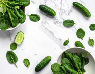 Flat lay of fresh green spinach leaves and cucumbers in bowls on a white marble background.