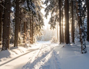 Snowy forest path with sunlight shining through the trees.