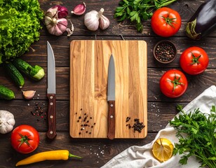 Fresh vegetables, herbs, and knives on a wooden cutting board, a top-down view of ingredients for a healthy meal.