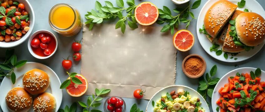 Cinematic top-down view of vibrant culinary spread on rustic table, showcasing fresh ingredients and gourmet dishes; camera slow pans as soft light flickers, creating a dynamic food presentation.