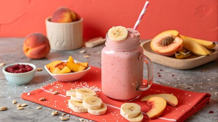 Pink peach banana smoothie in jar with fresh fruit and nuts pink smoothie
