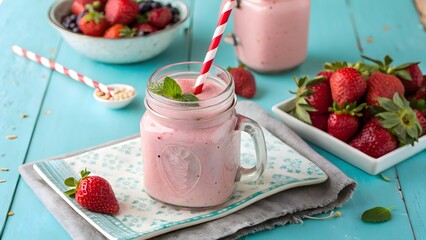 Pink strawberry smoothie in a mason jar with fresh strawberries and mint pink drink mint leaves