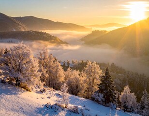 Stunning winter sunrise over a snow-covered mountain valley with frosted trees and golden light.
