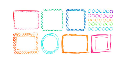 Collection of handdrawn frames and borders set of colorful doodle elements for design vector illustration of decorative frames and circles