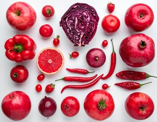 A vibrant assortment of various red fruits and vegetables arranged on a white surface.