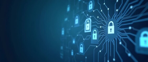Blue digital locks pulse gently as the camera pans slowly, illustrating a secure network environment in a cinematic style, ideal for cybersecurity and technology solutions.