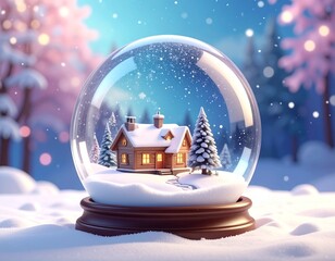 A charming snow globe featuring a cozy wooden cabin nestled amongst snow-covered pine trees, with gentle snowflakes falling.