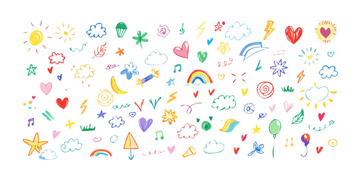 Whimsical handdrawn doodles of suns, clouds, hearts, rainbows, and stars create a playful and cheerful design perfect for adding a touch of fun