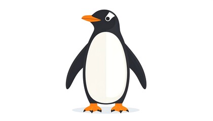 Obraz premium A flat-design penguin with dark grey back, white belly, and orange beak, feet. It stands on a white background